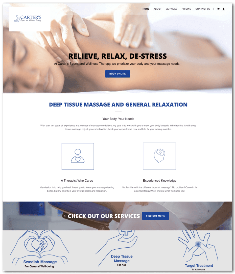 A website page for a massage therapist.