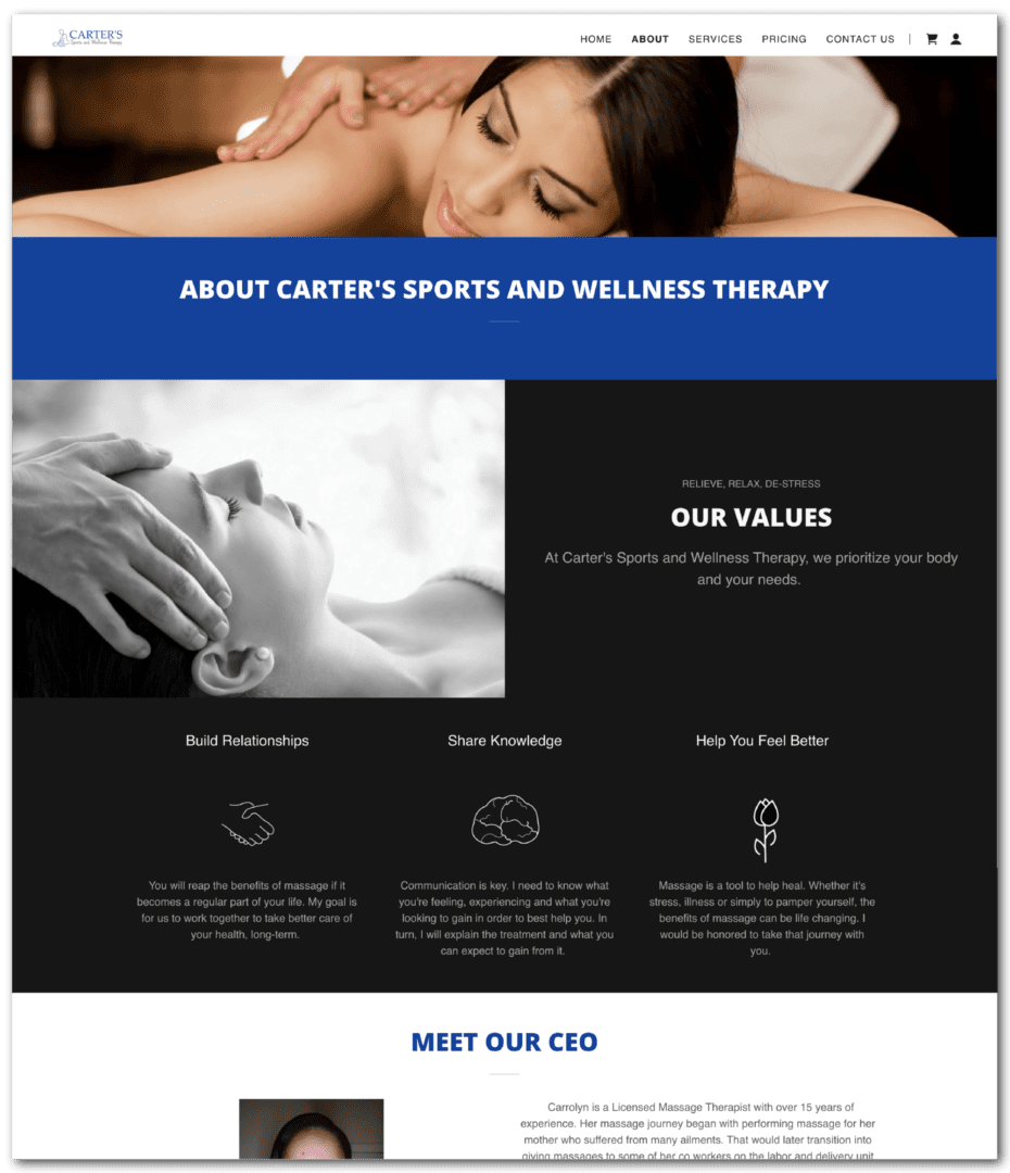 A website page for a massage therapist.