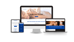 A desktop, laptop and mobile phone with the website for massage therapy.