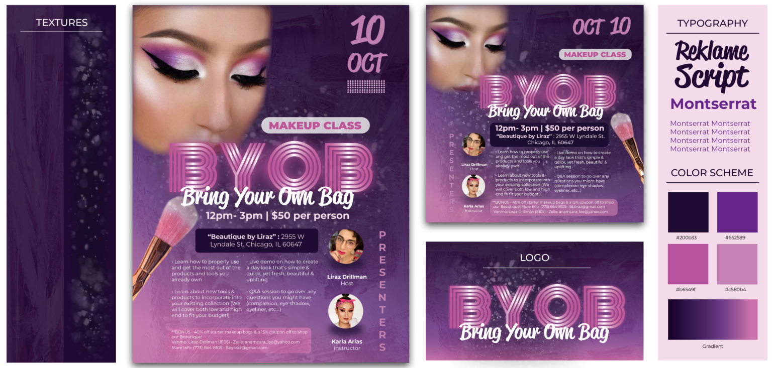 A flyer for a makeup class with purple and pink colors.